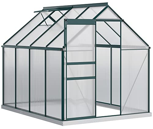 Outsunny Serra da Giardino in Policarbonato 190x253x199cm, con Finestra Apribile e Porta Scorrevole, Struttura in Alluminio, Verde