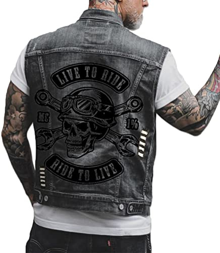 ORANDESIGNE Chaleco de Mezclilla de Hombre Chaqueta Sin Mangas Chaleco con Estampado de Calavera Punk Chaleco Vaquero Lavado Chaqueta Corta de Moto K Negro XXL