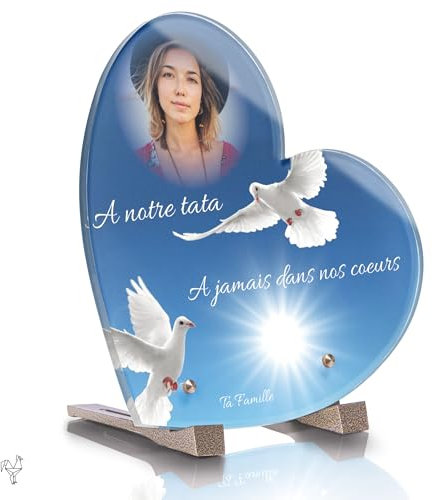 Plaque Funéraire Personnalisable Coeur - Colombe - Plaque Funéraire personnalisée avec photo et texte sans inter funéraire - Résistante aux Intempéries -Traitée Anti UV (Double Colombes)