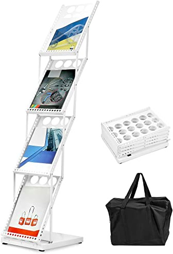 QWORK Foldable Brochure Display Stand, Magazine Brochure Display Rack Stand, 4 Pocket Literature CatalogTradeshow Display Stand, for Office Store and Exhibition Trade Show (White)