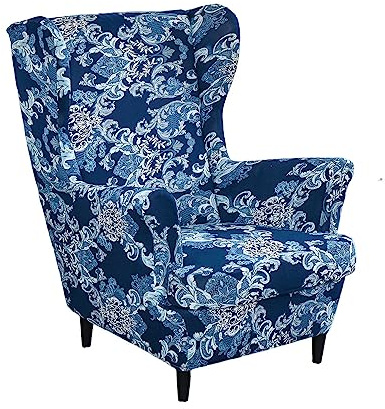 Hiseng Wingback Chair Covers 2 Piece, Wing Chair Slipcover Stretch Slipcovers for Wing Armchair Cover with Elastic Bottom, Furniture Protector for Living Room Bedroom (Blue Baroque)