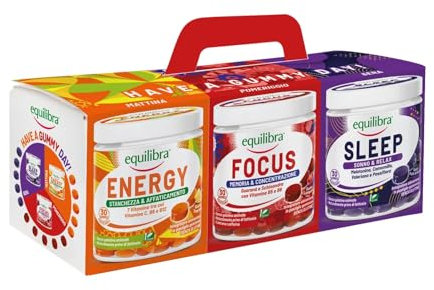 Equilibra Integratori Alimentari, Cofanetto Gummies, Integratore in Pastiglie Gommose, Energy Gusto Tropical, Focus Gusto Lampone, Sleep Gusto Frutti di Bosco, Vegan, 90 Gummies Masticabili