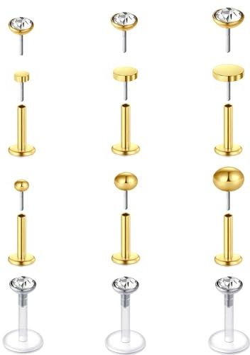 MODRSA 16G Piercing Tragus Helix Labret Piercing Lèvre Femme Diamante CZ Labret Studs Retainers Or Acier Inoxydable Cartilage Piercing Oreille Bijoux