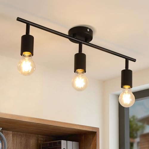 CBJKTX Deckenstrahler 3 Flammig Deckenleuchte Schwarz - E27 Flur Deckenspot Vintage Deckenlampe Schwenkbar 350° Spots Industrial küchenlampe für Küche Wohnzimmer Schlafzimmer (ohne Leuchtmittel)