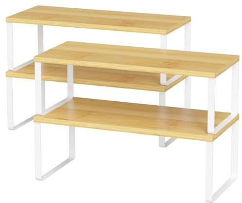 LIANTRAL Küchenschränke Organizer 4er Set, Küchenregal, Küchen Organizer, Gewürzregal, Metall und Holz, Erweiterbares, Stapelbares, Schrank Regaleinsatz, Breite 39,6 cm, Natur und Weiß