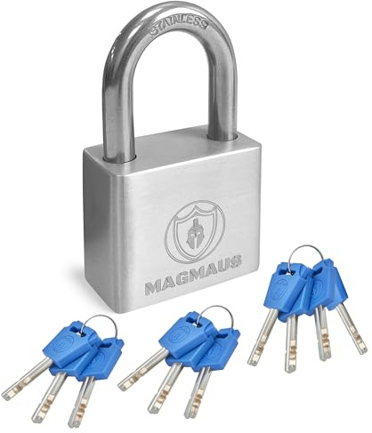 Magmaus® PDX40 Cadenas Extérieur avec 10 Clés - Anse 7 mm Anse Résistante aux Coupures, Gros Corps Inox Étanche | Antivol de Sécurité pour Portail, Remorque Attelée, Poubelle.