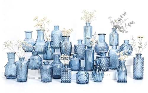 Glass Bud Vases, Set of 24, Mini Flower Vases for Centrepieces, Vintage Bottles for Table Decorations, Wedding Decor, Home, Clear (24, Blue)