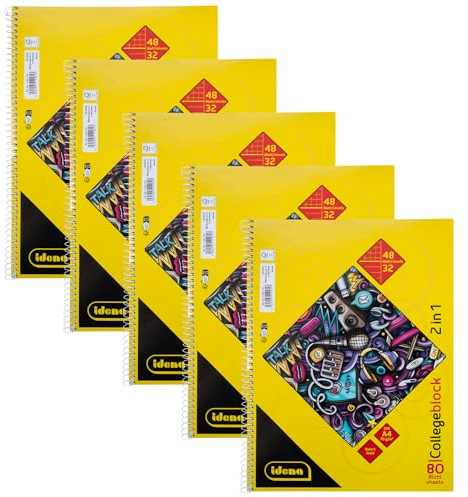 Idena 90212-5 Stück Collegeblock 2in1 mit je 48 Blatt kariert und 32 Blatt liniert in DIN A4, Block mit Spiralbindung, 80 Blatt mit 70 g/m², 4-fach gelocht und perforiert