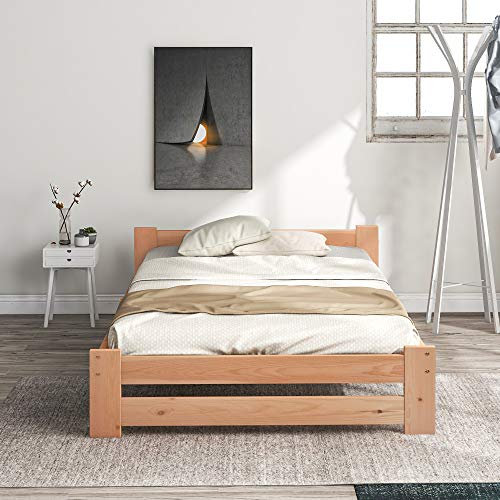 REXO Letto futon, 90 x 200 cm, in legno massello naturale, con testiera e rete a doghe, colore: naturale