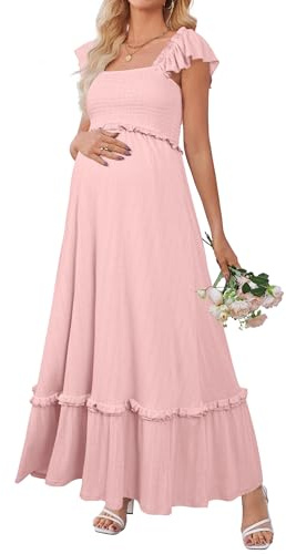 OUGES Dam 2025 sommar graviditet fotografering klänning boho maxi smockad baby shower klänning volang ärm mammakläder, Rosa, L