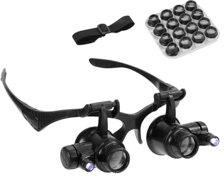 Sarini Lupa para relojeros con Diadema y 2 Luces, Lupa para reparación de Relojes y Joyas, 16 Lentes Desmontables (Aumento de 2,5X a 25X), Lupa de Doble Ojo