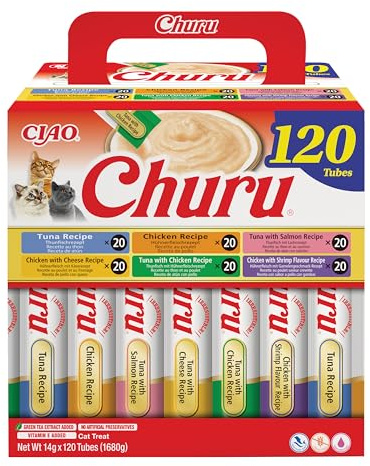 INABA Churu kattgodis med högkvalitativa ingredienser, rik på fukt och protein, lågt kaloriinnehåll, utan spannmål eller socker 120 x 14 g | Mjukt, krämigt mellanmål, utsökt och hälsosam, slickstick, purémat, naturlig, spannmålsfri