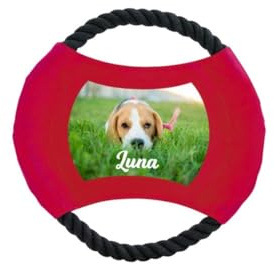 DEREGALOOS Frisbee Perro Personalizado con Nombre o Foto. Disco Volador de Cuerda Resistente para Mascotas. Juguete Interactivo en 3 Colores. Regalo Original para Dueños (Rojo - Imagen)