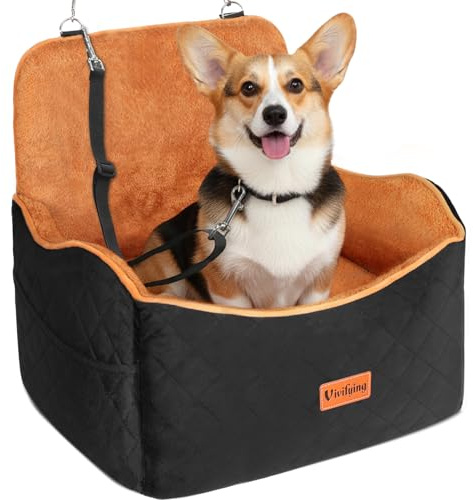 Vivifying Dog Car Seat, Memory Foam Dog Booster Seat for Small&Medium Up to 16KG, Detachable and Washable, 10CM Height Elevated with Storage Pockets (Black&Brown)