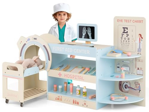 COSTWAY Centro Médico de Juguete, Juguete Médico Infantil de Madera con Culista, Láminas Intercambiables, Carrito y Accesorios, Juego de Doctor Montessori con Almacenamiento para Niños (Azul)
