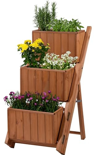 dobar® 29251e ausklappbare Pflanztreppe Dreistufig | Blumentreppe mit 3 separaten Pflanzkästen | Blumenkästen inkl. Pflanzfolie | Vormontierte Blumenkasten | Pflanzkübel Holz | 41 x 55 x 85 cm | Braun