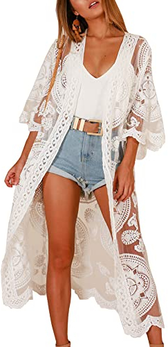 Damen Strandkleid Bikini Cover Up lang Spitze Kimono Strandponcho Sommer Beachwear Badeanzug Überwurf mit Blumenmuster Badevertuschung Häkelkleid für Urlaub Pool Strand