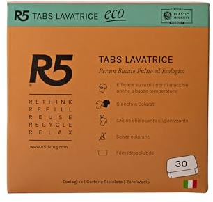 R5, Eco Tabs Lavatrice, 30 Pastiglie per la Lavatrice, con Tensioattivi di Origine Vegetale, Senza Coloranti, Certificate Ecolabel, Plastic Negative Certified con Repurpose Global, Made in Italy