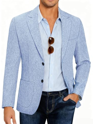 COOFANDY Men Linen Summer Blazer Stylish Regular Fit Linen Sportcoat Business Work Suit Jacket Sky Blue