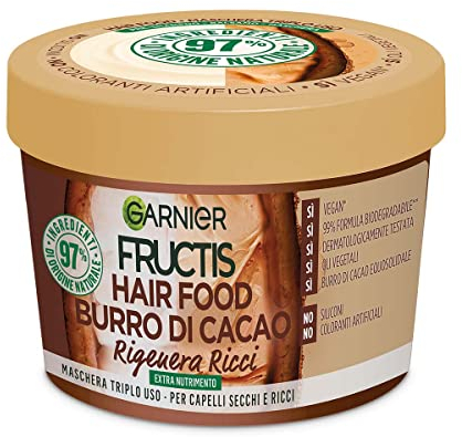 Garnier Fructis Hair Food Burro di Cacao Rigenerante, Maschera per Capelli Secchi e Ricci, 97% di Ingredienti di Origine Naturale, Senza Siliconi, 390 ml