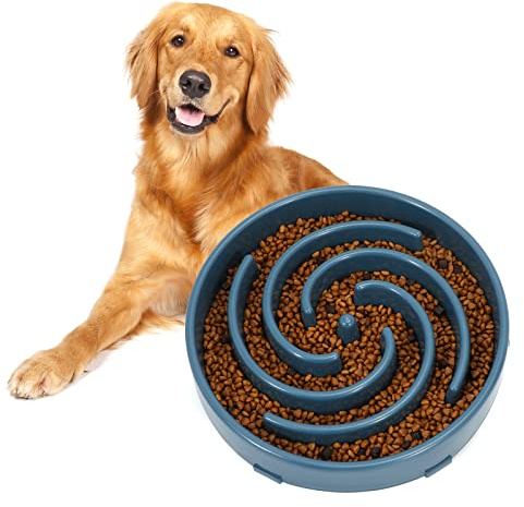 Blue Slow Feeder Maze Puzzle Bowl - Large Dog Non Slip Food Feeding Dishes for Medium Dogs, Interactive, Bloat Stop, Choking Prevention, Healthy