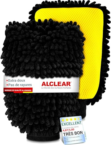 ALCLEAR 95C2 set 2 guanti microfibra chenille 22x17 cm – per lavaggio auto, moto, camper – morbidi, assorbenti, antigraffio – lato rete per sporco ostinato – lavabili – progettati in Germania