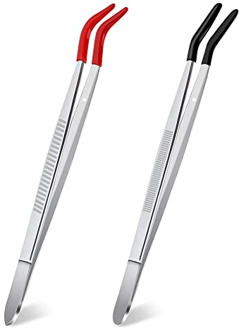 Grevosea 2 pinzas de punta de goma, pinzas curvadas de acero inoxidable con puntas de goma, pinzas largas de punta plana negra, pinzas rojas de punta doblada para manualidades, reparación de joyas,