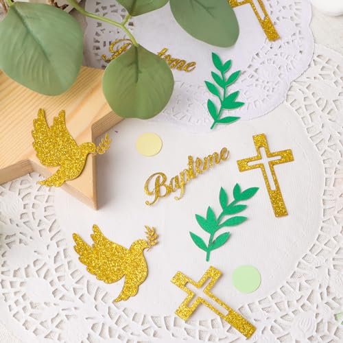 100PCS Confettis Baptême Décoration de Table Confettis en Papier Verts et Dorés Croix Pigeon Baptême pour Communion Confirmation Accessoire de Fête