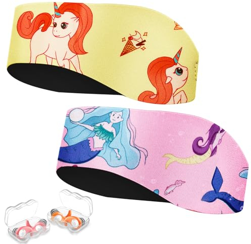Schwimmen Stirnband für Kinder - 2 Paar Schwimm Ohrstöpsel & Neopren Schwimmband,Hohe Elastizität & Klettverschluss - Wasserdichtes Kopfband Haarband für,Tauchen, Pool, Duschen und Wassersport