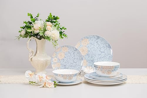 FHGNYSM High Bone China Dinnerware Set, 12-Piece Artistic Blue Plates and Bowls, Lightweight & Chip Resistant Ceramic Service for 4, Dishwasher Safe Elegant Kitchen Dining