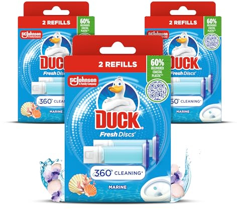 Duck Fresh Discs Toilet Cleaner Refill Twin Pack, Fights Stains That Harbour Germs, Prevents Limescale Build Up, Marine Fragrance, Pack of 3 (Total of 6 Refill Tubes)