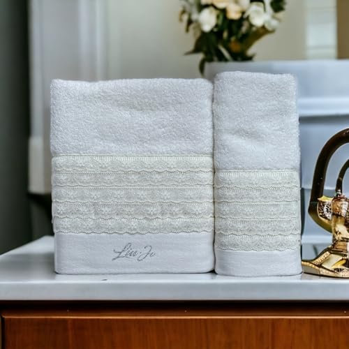 LIU . JO MILANO Coppia di Asciugamani Viso e Ospite in scatola in Spugna di puro cotone con pizzo Art. Paradiso (Avorio)