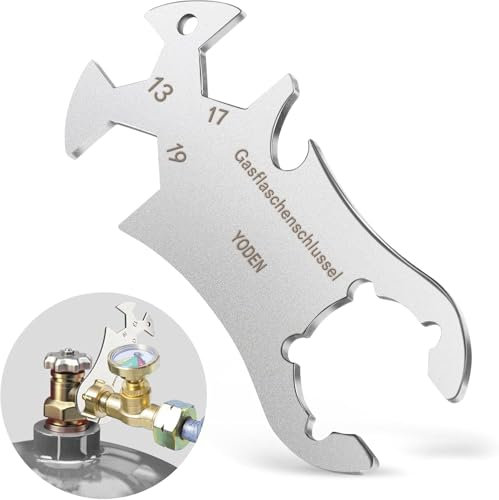 Vielseitiger Edelstahl Gasflaschenschlüssel mit Flaschenöffner, Robuster Multifunktionsschlüssel für 5 kg und 11 kg Gasflaschen, Ideal für Grill und Campingliebhaber, Rostfrei und Langlebig