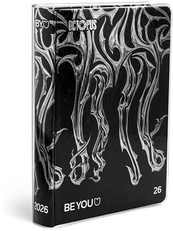 BE YOU Octopus Small, skoldagbok 2025–2026, 12 månaders dagbok daterad, lätt storlek 12,5 cm x 16,5 cm, transparent övertäckning, dagbok med klistermärke och bokmärke, silver