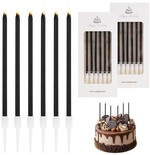 12 pièces de bougies d'anniversaire noires, longues et fines avec supports - Bougies pour gâteau noires pour gâteau, mariage, fête, anniversaire, fête prénatale