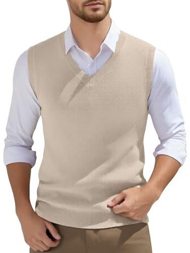 Chaleco de punto sin mangas para hombre, cuello de pico, jersey de punto, monocolor, sin mangas, jersey de punto ajustado, jersey informal de punto fino, O beige., L