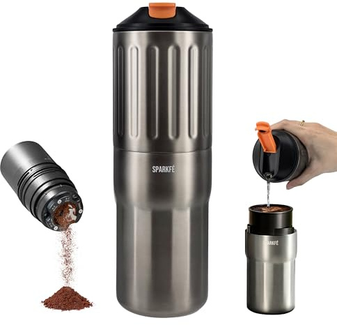 Tragbare Pour Over Kaffeemaschine, wiederaufladbare elektrische Mühle mit konischem Frässtift aus Edelstahl, integriertes Handbrüh-Set mit Edelstahlfilter & Reisebechern, für Camping, Outdoor
