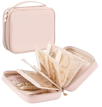 Lolalet Travel Jewelry Organizer Case, Large Jewelry Binder Book with Individual Pouches, Portable Leather Zippered Bag for Jewelry Storage of Earring, Ring & Necklace, Gift for Mom -Apricotpink