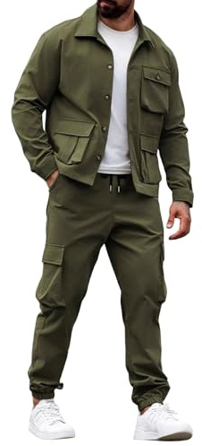 Generisk träningsoverall herr mode joggingdräkt herr, hemmadräkt cargojacka cargobyxor tvådelad kostym bekväm träningsoverall säckig fritidsoverall casual byxor ledig sportdräkt tracksuit, Grön, L