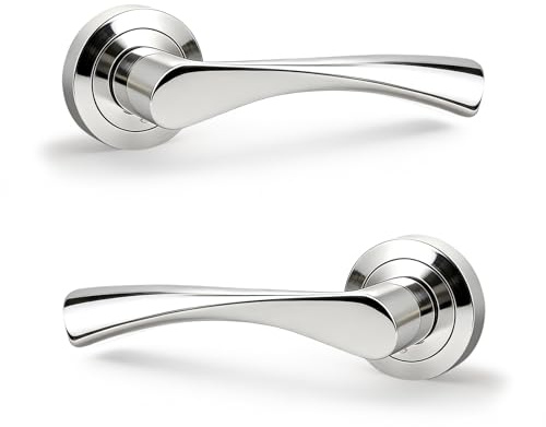 PinLin Polished Chrome Warped Lever On Rose Door Handles, Twisted Lever Latch Rose Door Handle, Ideal for Internal Wooden Doors for Home and Office