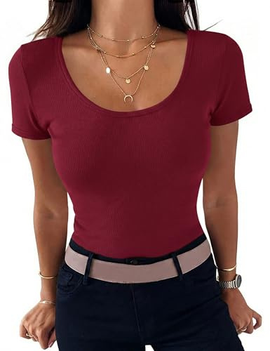 Aottori T-Shirt Donna Cotone Maglietta Manica Corta Costine Basic Top Girocollo Elasticizzato Maglia Aderente Estiva Bordeaux S