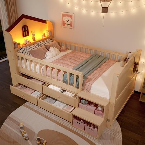 Sapgaks Lit mi Hauteur 90x200cm Bandeau Lumineux LED,4 tiroirs,échelle d'entrepôt,lit cabane Enfants 90x 200,Cadre de lit Enfant avec sommier à Lattes (B-Naturel)