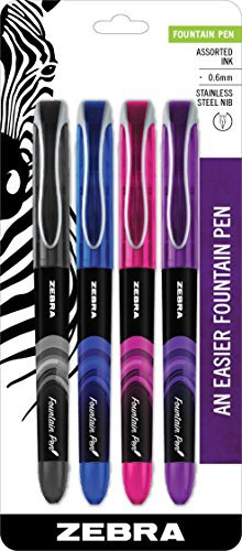 Zebra Pen Fountain Pen, Free-Flowing Liquid Assorted Ink, 0.6mm, 4-Pack