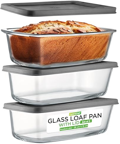 Nutrichef Moldes Rectangulares para Pan con Tapas Herméticas, Set de 6, Tuppers de Cristal, Apilables, Aptos para Horno, Microondas, Lavajillas y Congelador, Libres de BPA, 1.83 L