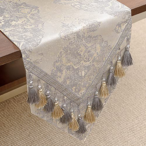 TOPLUXE Tischläufer mit Quasten, Jacquard Tischdecke für Esstisch Urlaub Party Wohnzimmer Dekoration (33x228cm, Beige)