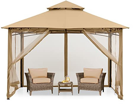 MASTERCANOPY Gazebo da giardino, 2,7 x 2,7 m, con 4 zanzariere, per giardino, cortile, beige