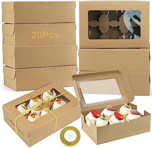 20 Stück Cupcake Box Kraftpapier Muffin Box Karton Keksverpackungen Keksschachtel Geschenkboxen mit großem Sichtfenster Schleife für Keksschachtel Mehlspeisenkarton Dessert Cupcakes Pergamentfarbe