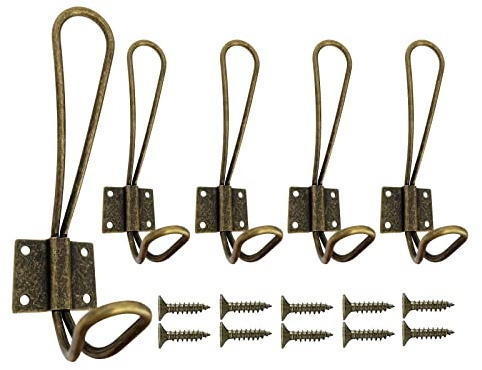 Mokife Ganchos de alambre resistentes, paquete de 5 ganchos de pared vintage dobles de metal con tornillos para colgar ropa, chaquetas, batas, toallas, sombreros, llaves, bolsos, bronce