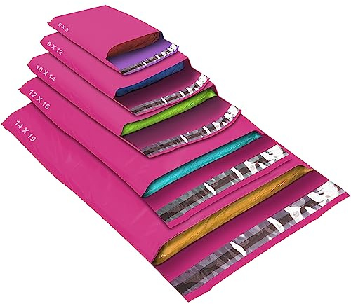 50 Mixed Size Pink Mailing Bags, Hot Pink, 5 Sizes Self Seal Strong Waterproof Poly Plastic Envelopes for Parcels, Packaging, Small, Medium, Large Mail, Shipping Courier Delivery Bags