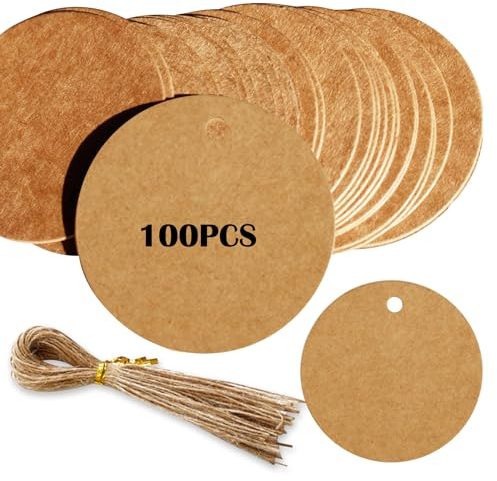 100 Stück Braun Geschenkanhänger Kraftpapier, 5 cm Durchmesser Kraftpapier Etiketten mit 100 Stück 25cm Juteschnur, Runde Hängeetiketten für Geschenkverpackung, Hochzeiten, Art Craft Projekt